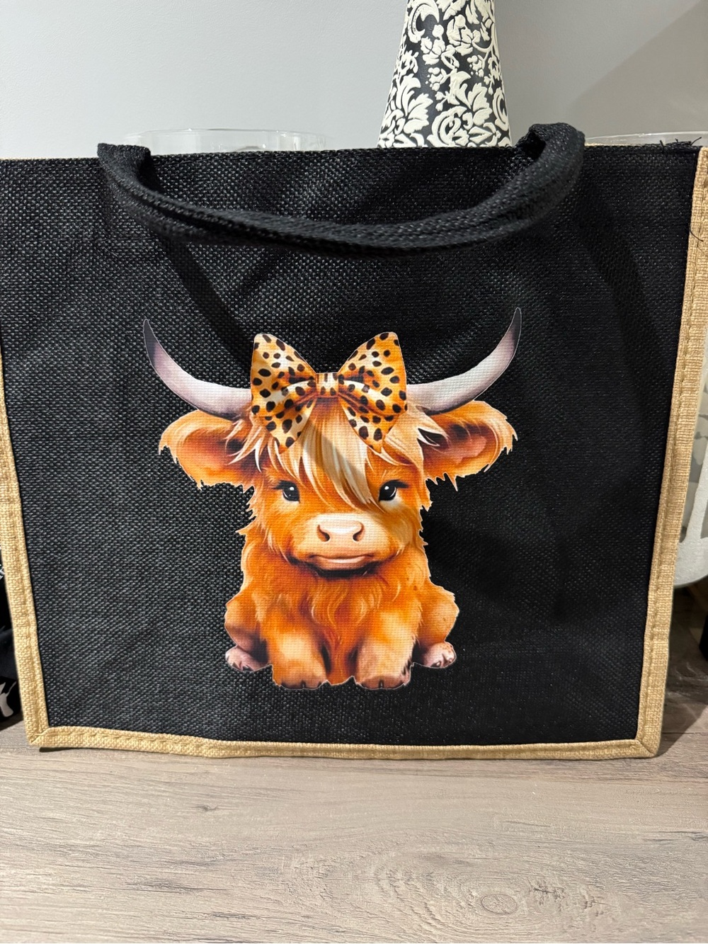 Black Tote Bag with Orange Highland Cow Print
